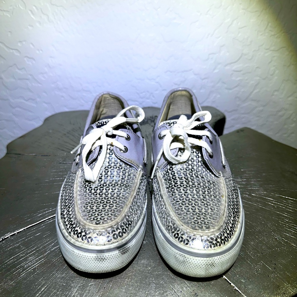 UC SPERRY TOP SIDER "BAHAMA" Silver Sequin Boat Shoes